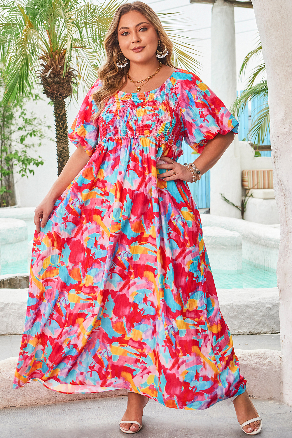 Casual Vacation Long Dress, Smocked Waist Tied Back Design - Detail View 3 Casual Vacation Long Dress, Smocked Waist Tied Back Design - Detail View 3