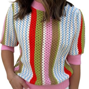 Women's Multicolour Striped Short Sleeve Knit Sweater for Daily Wear - Main View