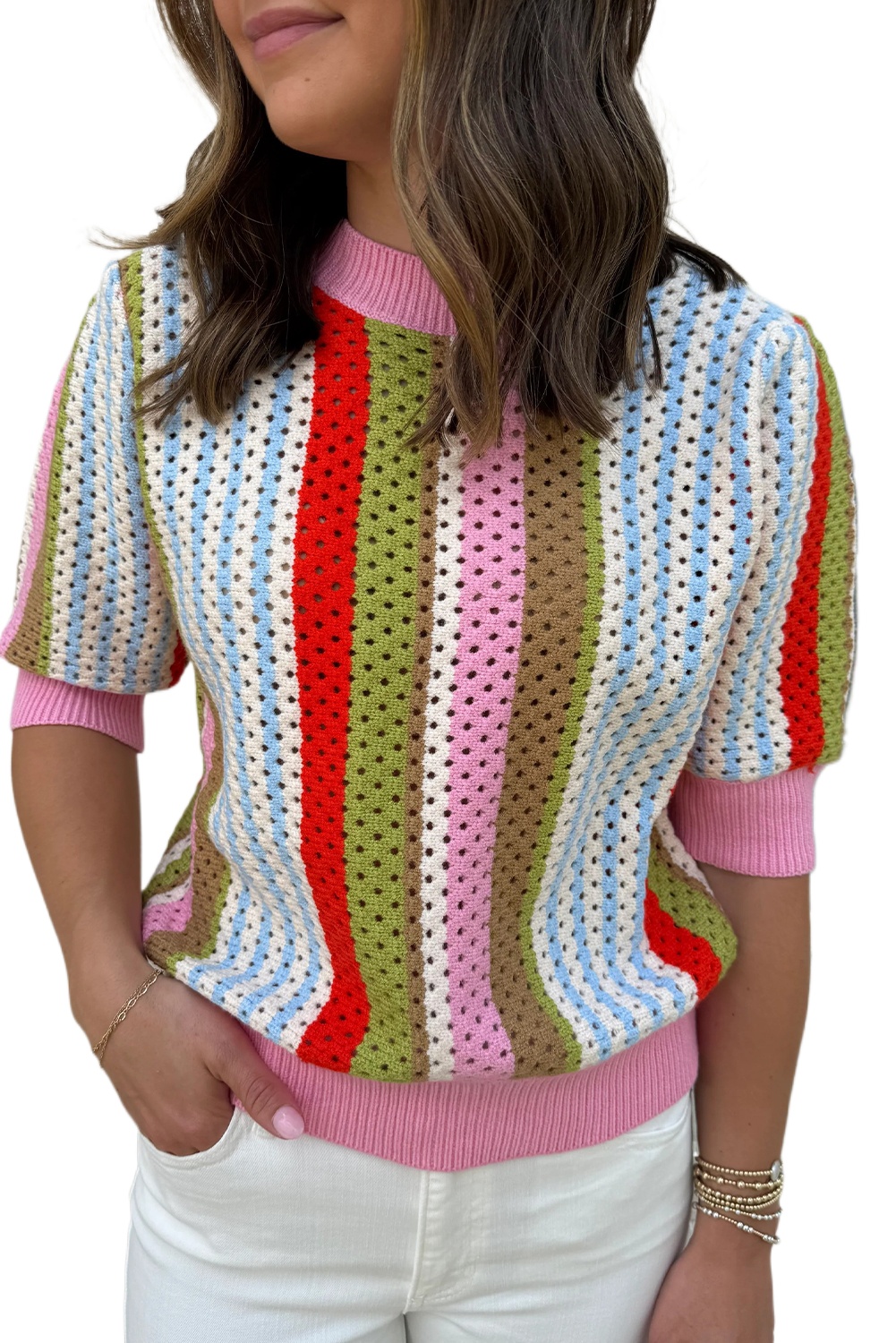 Women's Multicolour Striped Short Sleeve Knit Sweater for Daily Wear - Main View Women's Multicolour Striped Short Sleeve Knit Sweater for Daily Wear - Main View