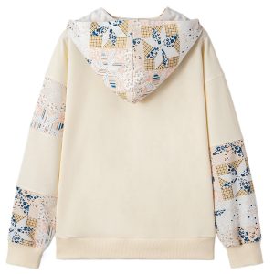 Beige Western Geo Pattern Patchwork Hoodie with Kangaroo Pocket - Casual Long Sleeve - Main View