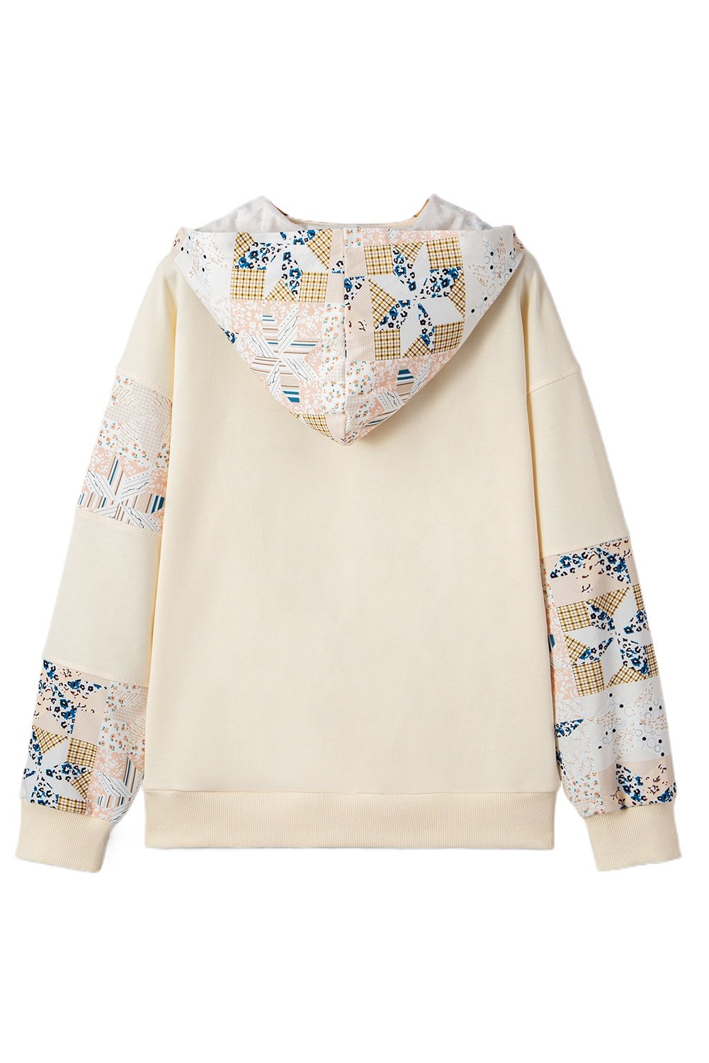 Beige Western Geo Pattern Patchwork Hoodie with Kangaroo Pocket - Casual Long Sleeve - Main View Beige Western Geo Pattern Patchwork Hoodie with Kangaroo Pocket - Casual Long Sleeve - Main View