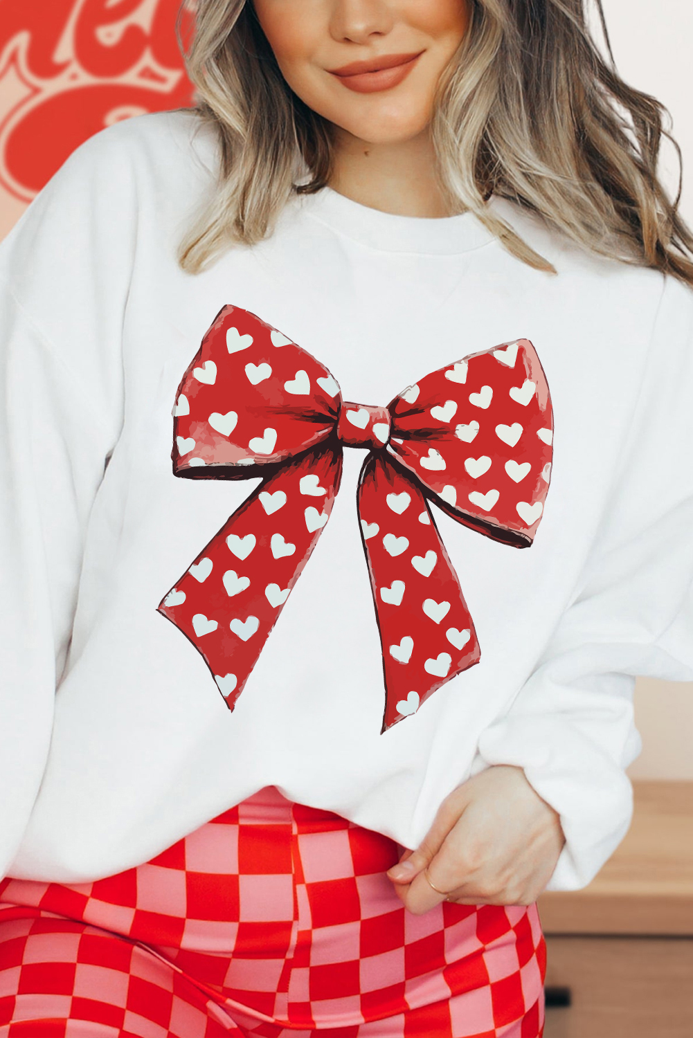 Charming Graphic Sweatshirt with Heart Prints and Bow Design - Perfect for Casual Outings - Detail View 6 Charming Graphic Sweatshirt with Heart Prints and Bow Design - Perfect for Casual Outings - Detail View 6