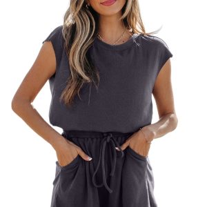 Women's Bristol Black Knit Open Back Drawstring Romper with Cap Sleeves - Main View