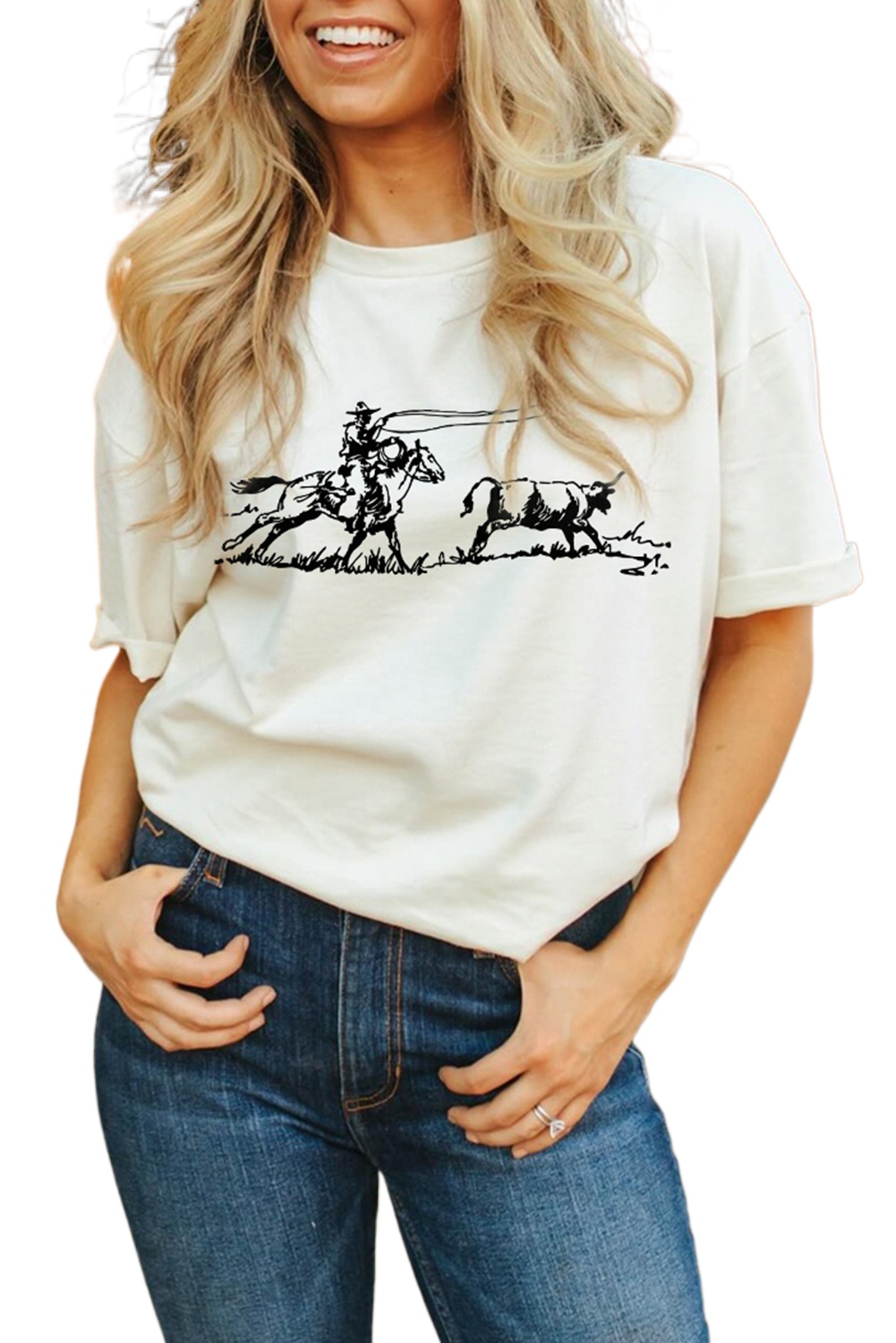Women's White Western Rodeo Graphic T-Shirt – Casual Crew Neck Tee - Main View Women's White Western Rodeo Graphic T-Shirt – Casual Crew Neck Tee - Main View