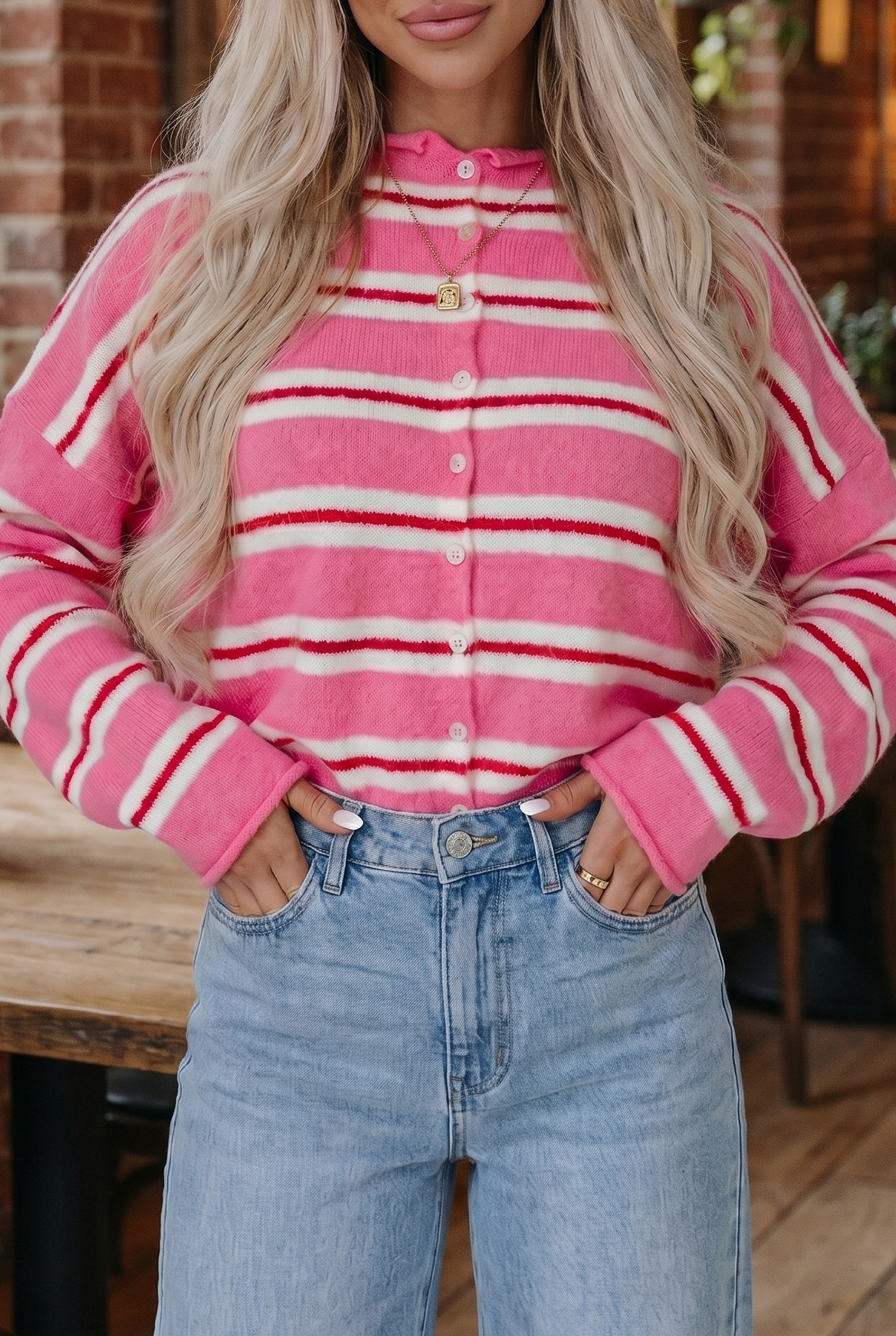 Women's Casual Striped Cardigan, Relaxed Fit Round Neck - Detail View 3 Women's Casual Striped Cardigan, Relaxed Fit Round Neck - Detail View 3