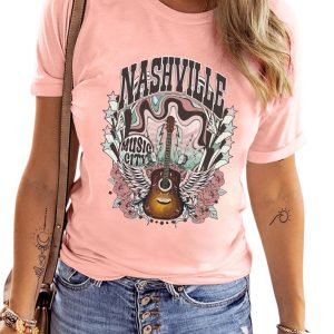 Women's Pink NASHVILLE MUSIC CITY Guitar Graphic T-Shirt - Casual Summer Style - Main View