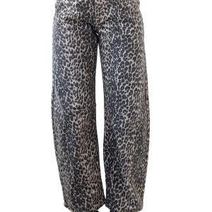 Women's Black Leopard Print High Waist Barrel Jeans – Casual Daily Style for Fall - Main View