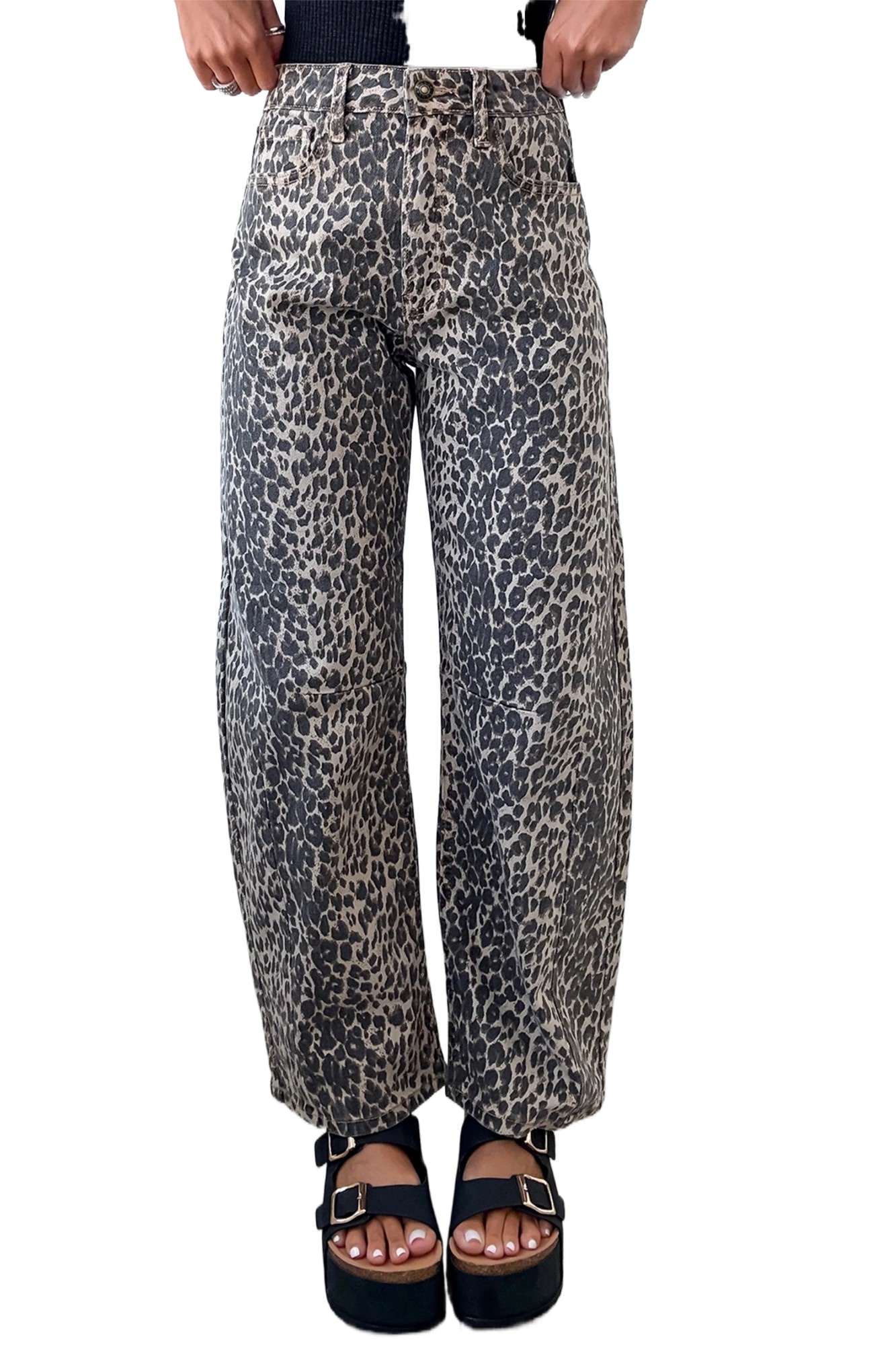 Women's Black Leopard Print High Waist Barrel Jeans – Casual Daily Style for Fall - Main View Women's Black Leopard Print High Waist Barrel Jeans – Casual Daily Style for Fall - Main View