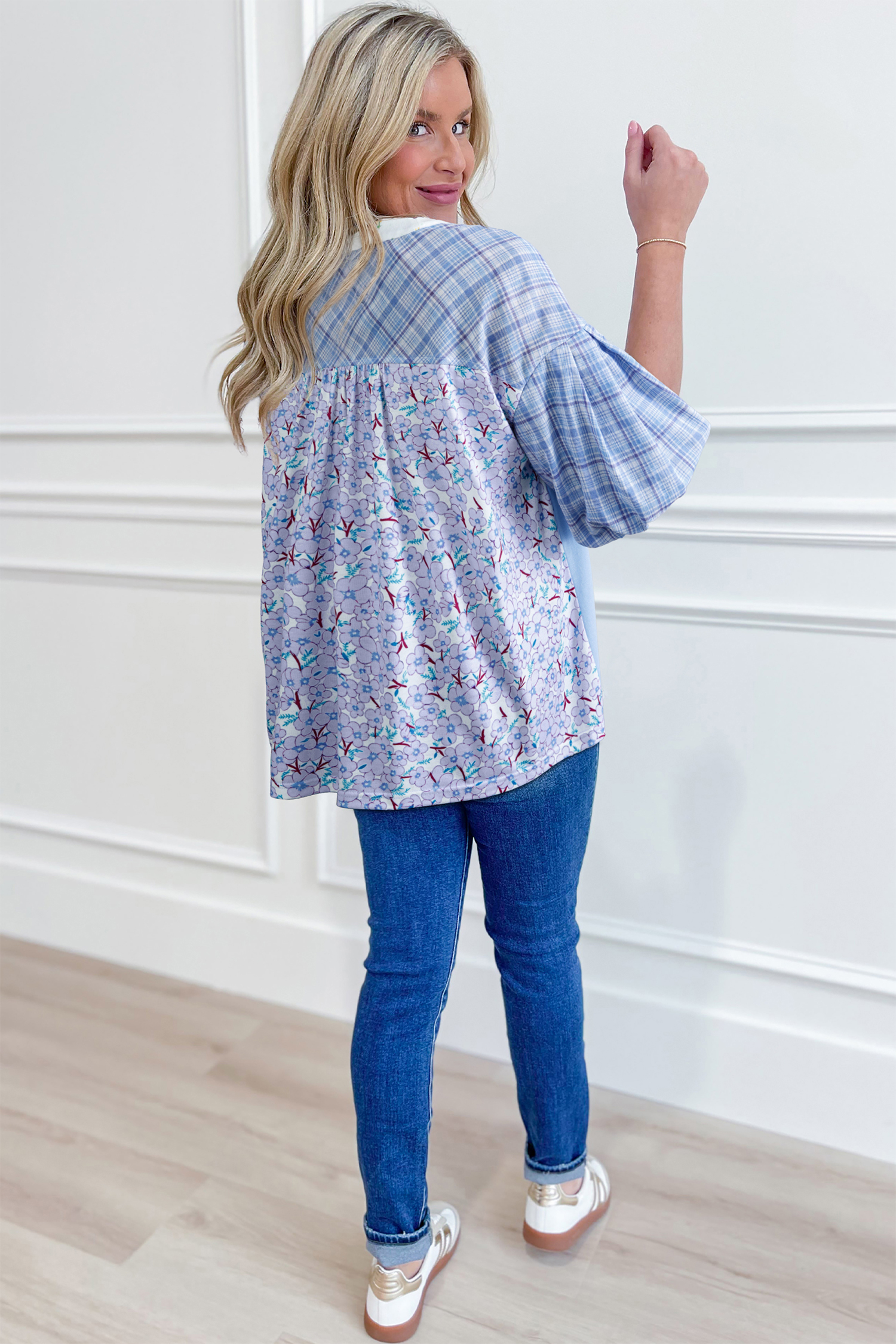 Chic Beau Blue Plaid Bubble Sleeve Blouse – Perfect for Daily Wear and Southern Belle Looks - Detail View 2 Chic Beau Blue Plaid Bubble Sleeve Blouse – Perfect for Daily Wear and Southern Belle Looks - Detail View 2