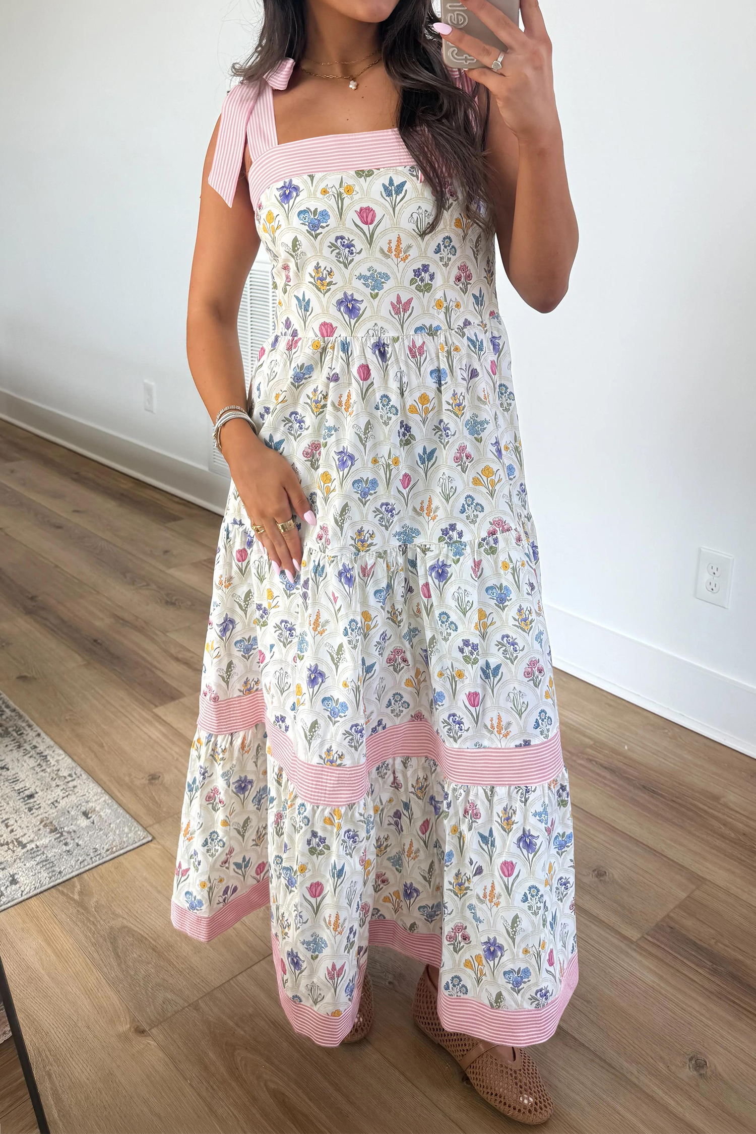 Women's Casual Floral Maxi Dress - High Waist Tiered Summer - Detail View 2 Women's Casual Floral Maxi Dress - High Waist Tiered Summer - Detail View 2