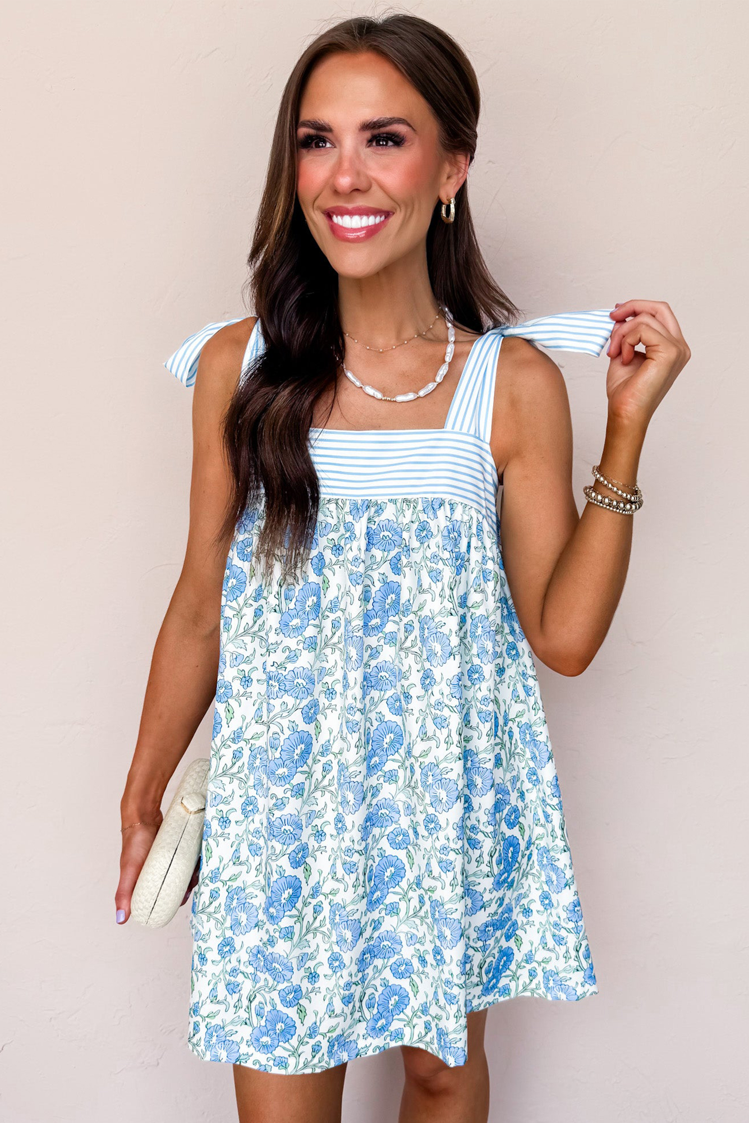 Stylish Sky Blue Patchwork Mini Dress – Floral Print for Casual Summer Outings - Detail View 12 Stylish Sky Blue Patchwork Mini Dress – Floral Print for Casual Summer Outings - Detail View 12