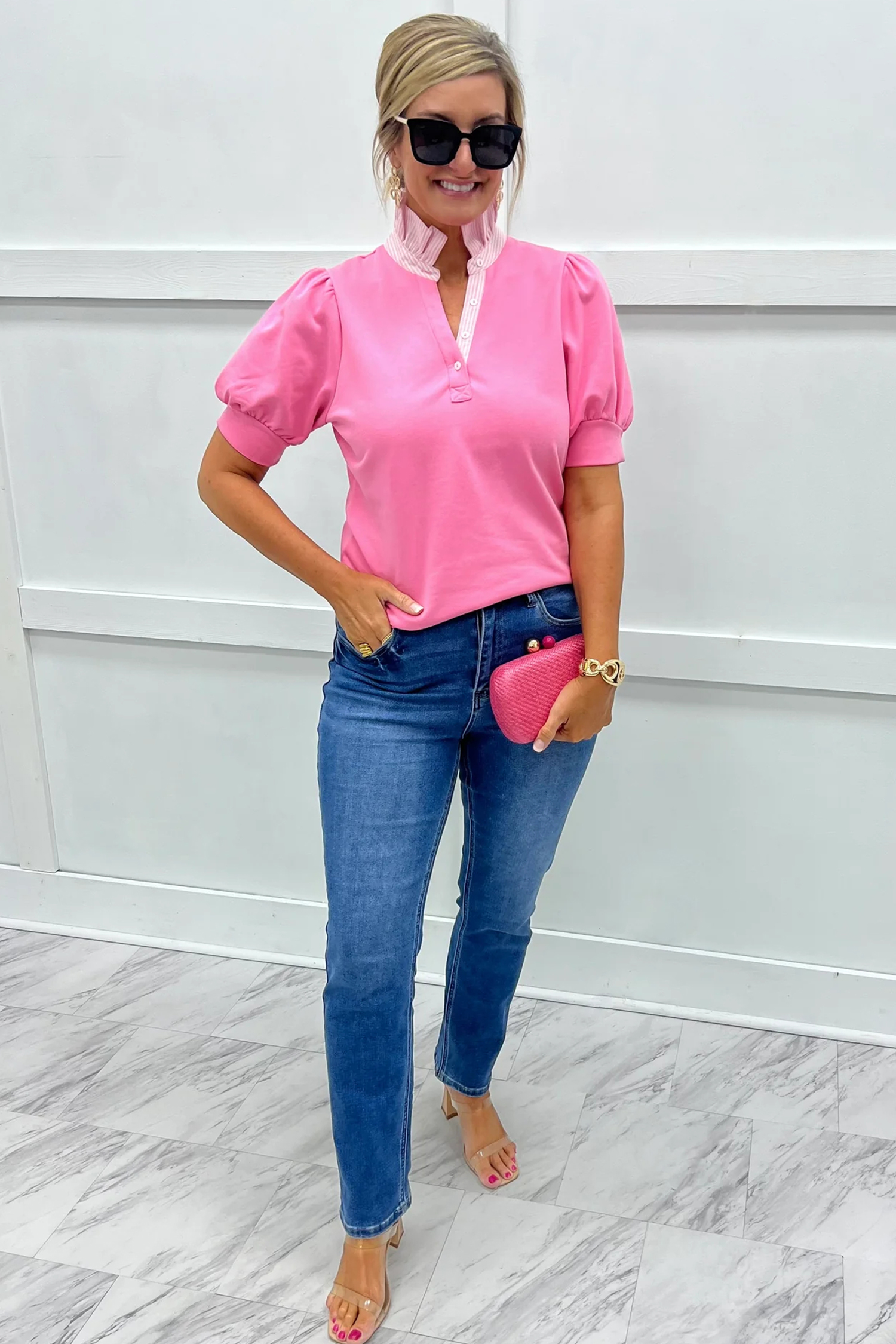 Casual Pink Striped Short Sleeve Shirt for Women – Breathable Cotton Blend Summer Blouse - Detail View 5 Casual Pink Striped Short Sleeve Shirt for Women – Breathable Cotton Blend Summer Blouse - Detail View 5