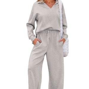 Women's Lounge Set, V Neck Long Sleeve Top Wide Leg Pants - Main View
