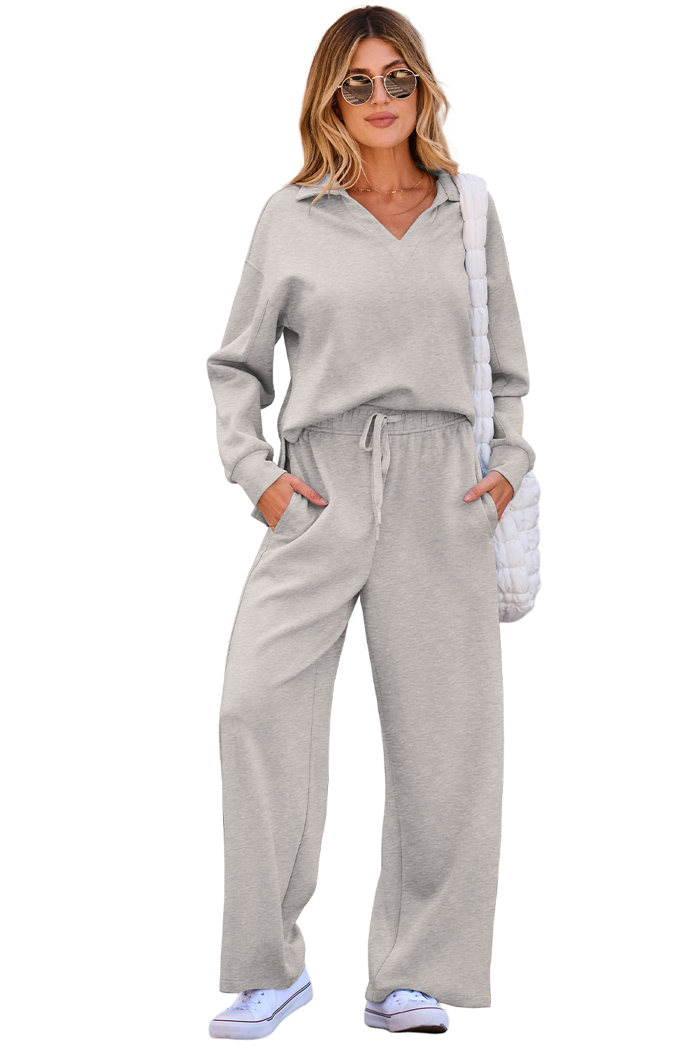 Women's Lounge Set, V Neck Long Sleeve Top Wide Leg Pants - Main View Women's Lounge Set, V Neck Long Sleeve Top Wide Leg Pants - Main View
