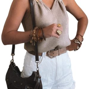 Women's V Neck Knit Tank Top – Sleeveless Summer Sweater with Metal Star Detail, Modern Casual Style - Main View