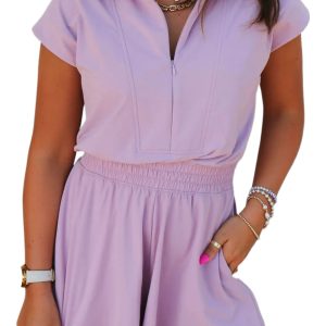 Women's Orchid Bouquet Short Sleeve Zipper Collared Romper - Elastic High Waist Design - Main View