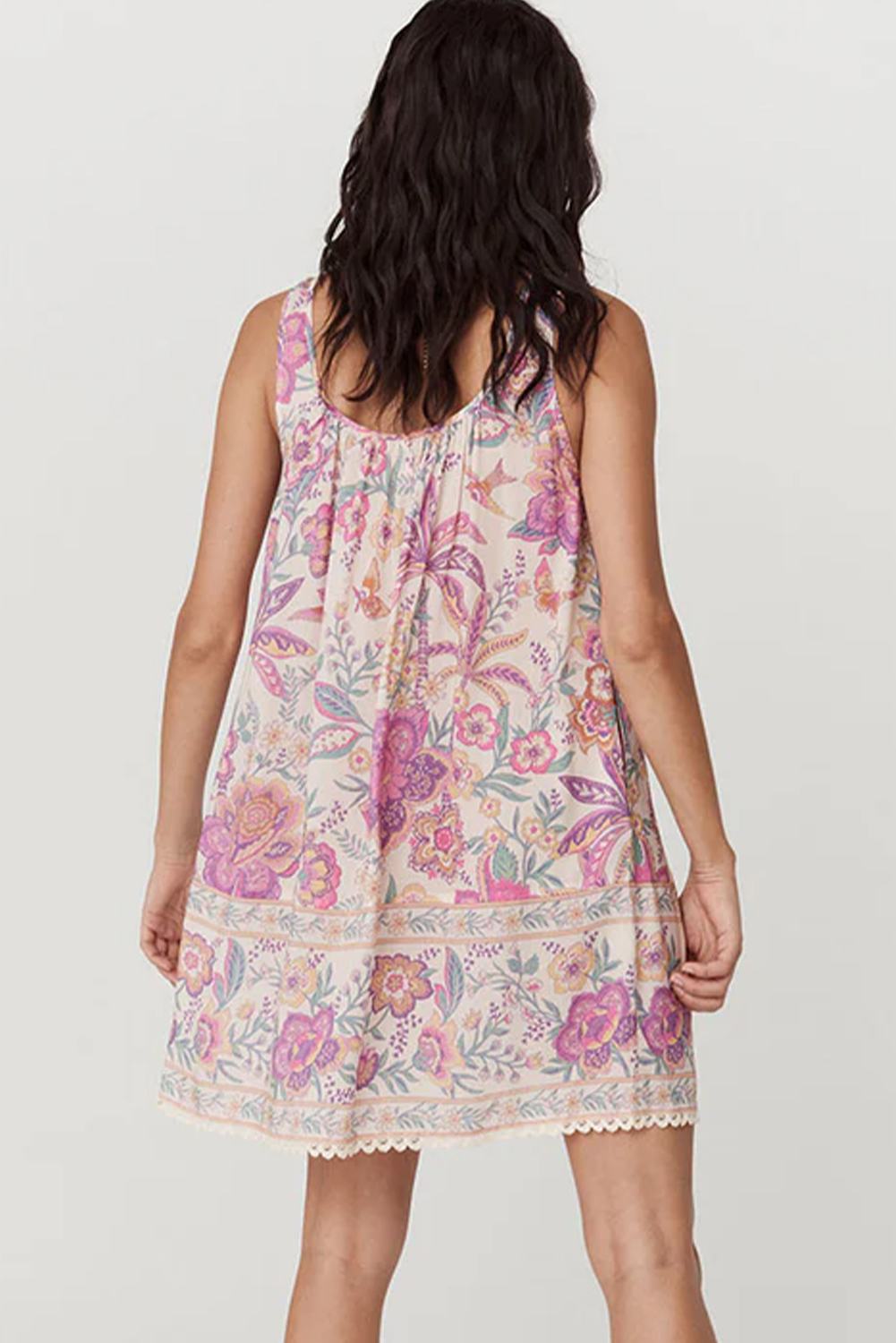 Bohemian Style Sleeveless Mini Dress with Vibrant Floral Print and U Neck Design - Detail View 2 Bohemian Style Sleeveless Mini Dress with Vibrant Floral Print and U Neck Design - Detail View 2