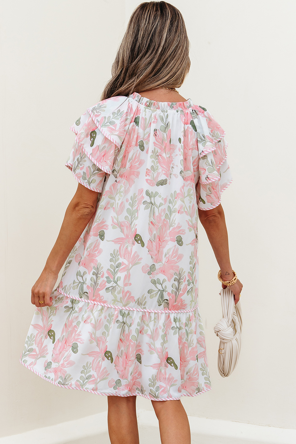 Pink Floral Summer Dress, V Neck Tiered Casual Mini Outfit - Detail View 2 Pink Floral Summer Dress, V Neck Tiered Casual Mini Outfit - Detail View 2