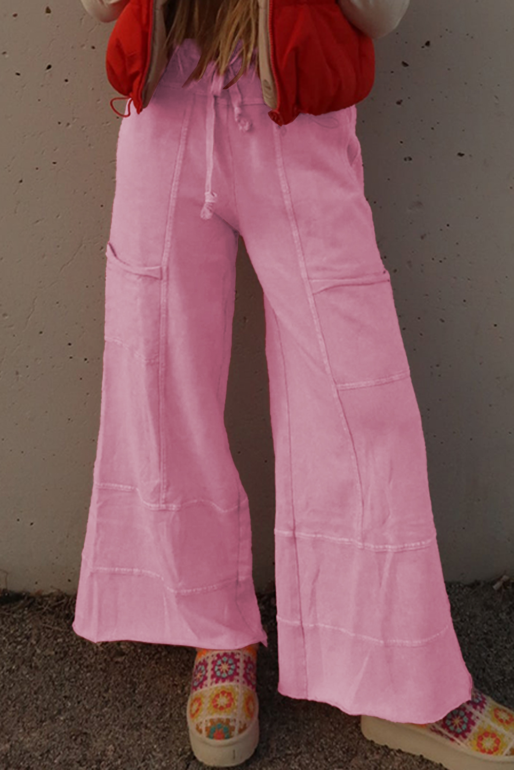 Casual Pink Wide Leg Cargo Pants - Adjustable Drawstring & Exposed Seams - Detail View 6 Casual Pink Wide Leg Cargo Pants - Adjustable Drawstring & Exposed Seams - Detail View 6