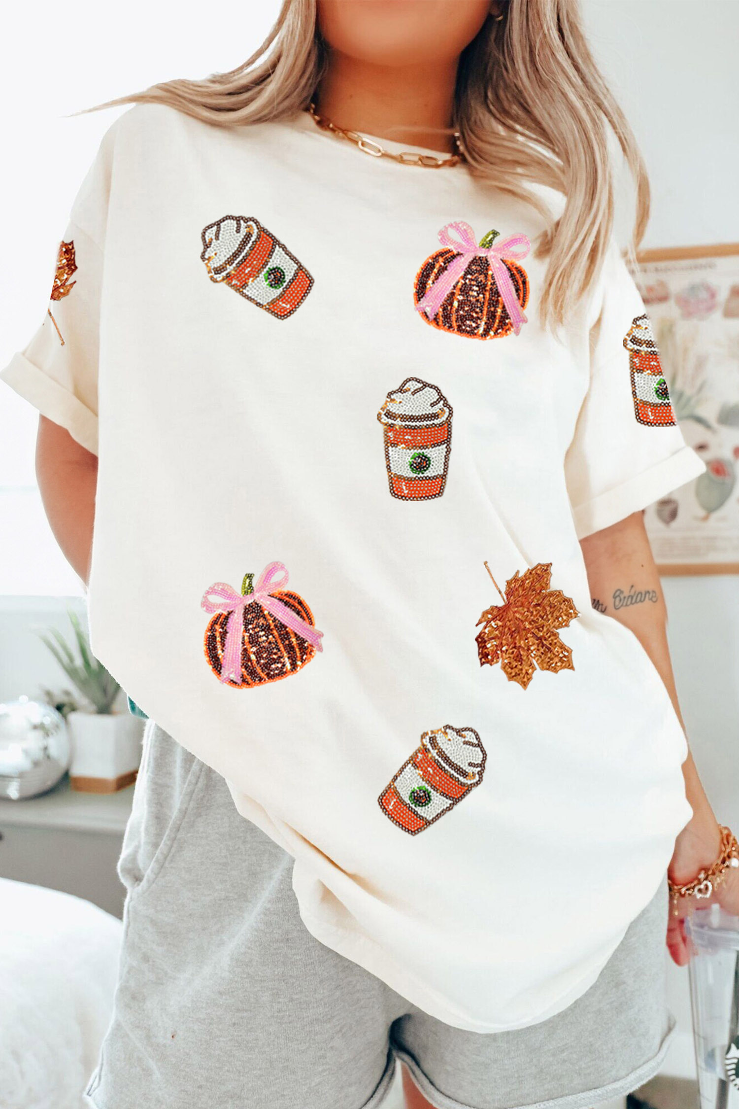 White Fall Graphic Tee, Sequined Pumpkin Casual Crew Neck - Detail View 2 White Fall Graphic Tee, Sequined Pumpkin Casual Crew Neck - Detail View 2