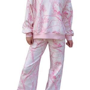 Women's Pink Camo Lounge Set, Abstract Long Sleeve Pant Suit - Main View