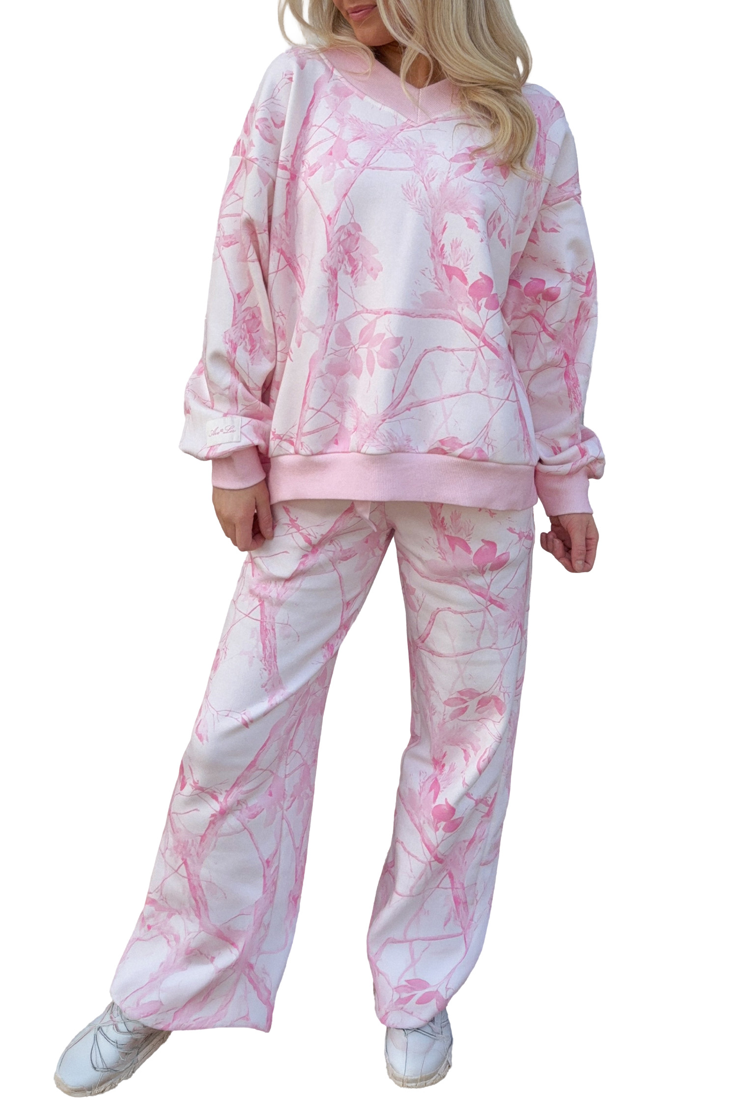 Women's Pink Camo Lounge Set, Abstract Long Sleeve Pant Suit - Main View Women's Pink Camo Lounge Set, Abstract Long Sleeve Pant Suit - Main View