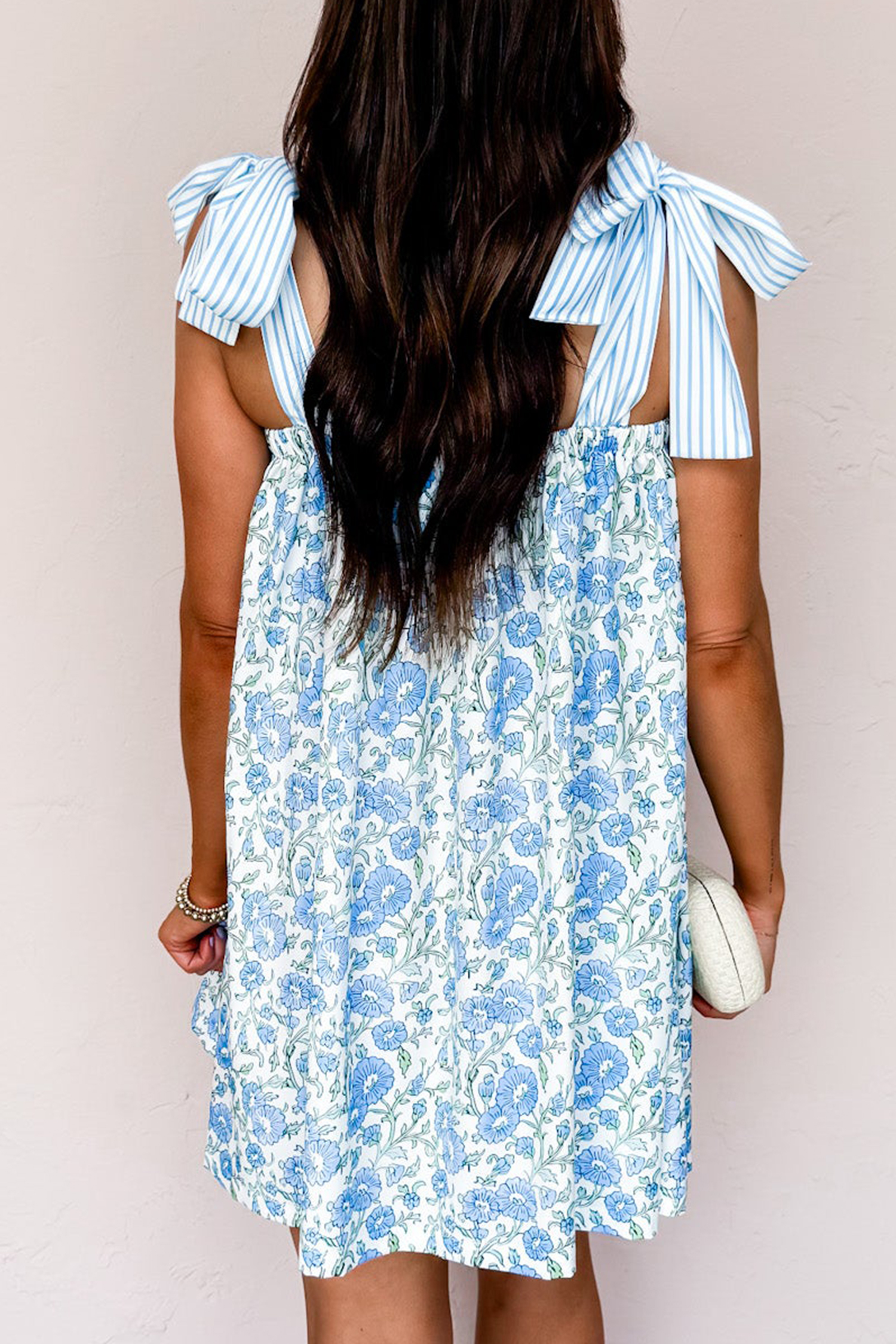 Chic Floral Print Striped Mini Dress for Women – Sky Blue Summer Dress with Knot Detail - Detail View 2 Chic Floral Print Striped Mini Dress for Women – Sky Blue Summer Dress with Knot Detail - Detail View 2