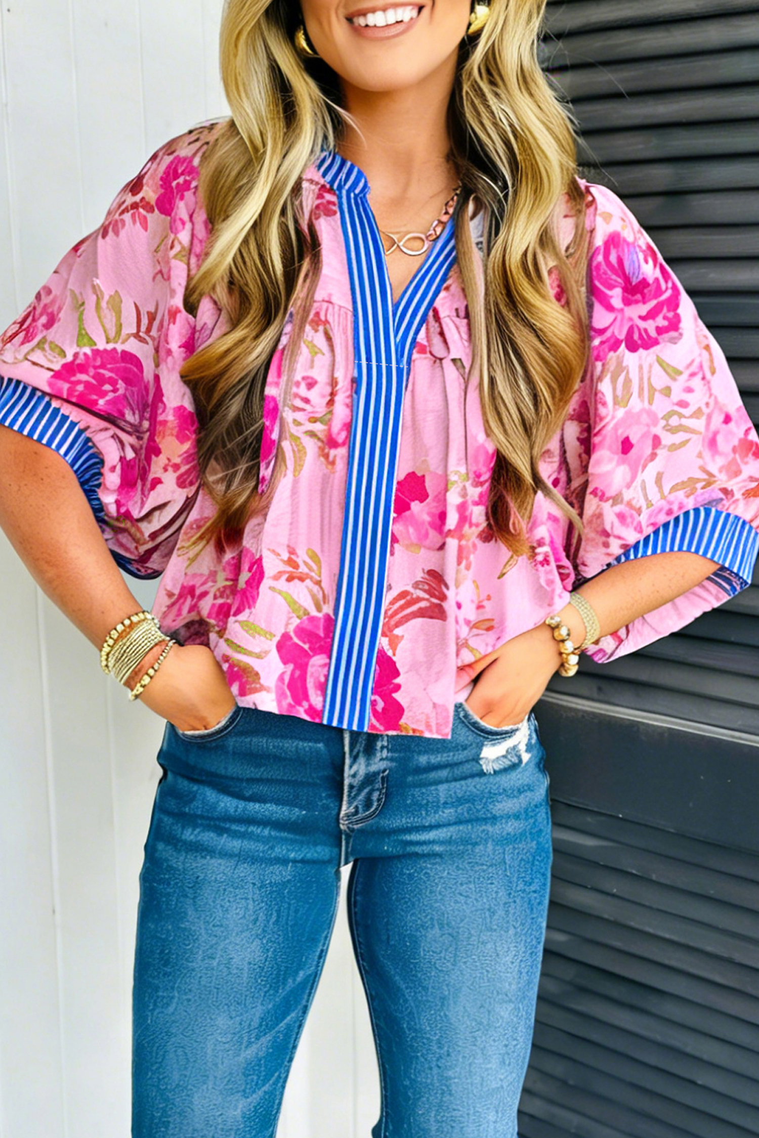 Southern Belle Floral Summer Blouse for Women – 100% Viscose V Neck Top, Vacation Style - Detail View 2 Southern Belle Floral Summer Blouse for Women – 100% Viscose V Neck Top, Vacation Style - Detail View 2