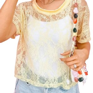 Women's Yellow Cream Floral Lace Boxy Tee – Short Sleeve Round Neck Sheer Casual Top - Main View