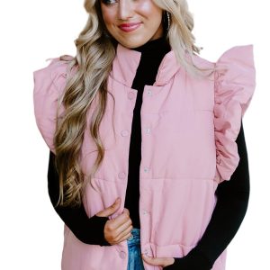 Women's Pink Stand Neck Flutter Sleeve Puffer Vest – Cozy Casual Style for Daily Wear - Main View