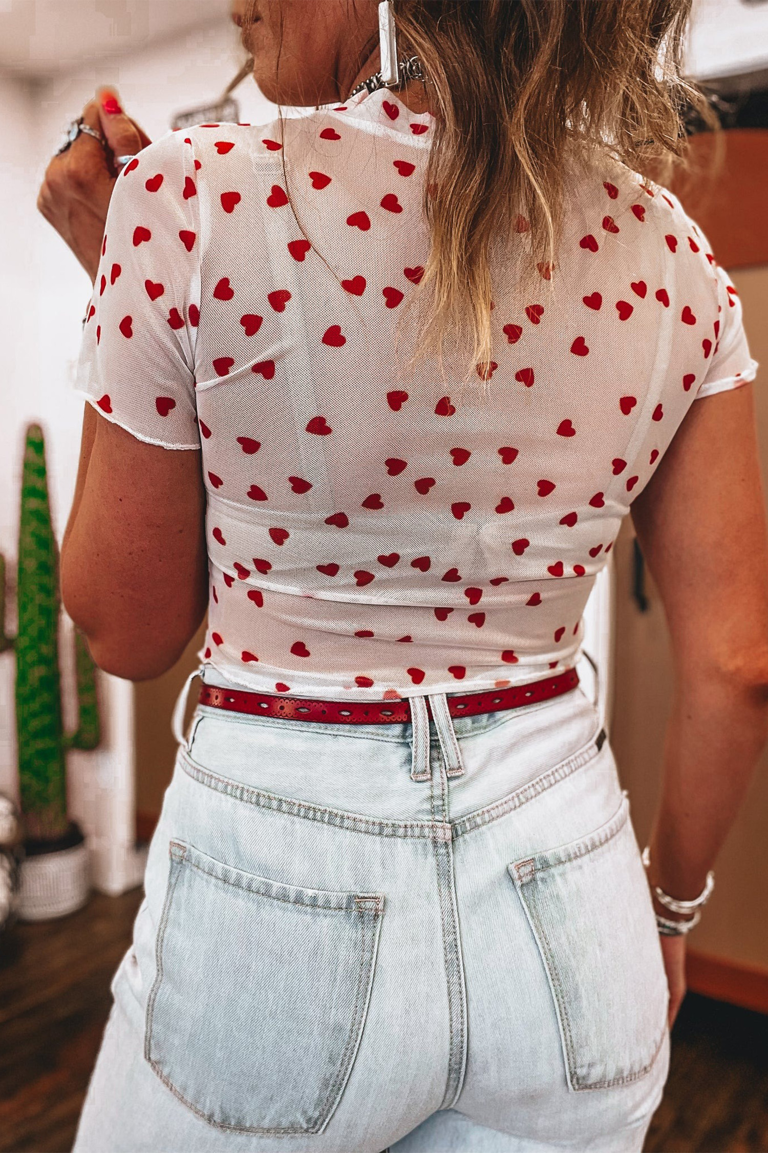 Chic Red Heart-Shaped Mesh Top for Women – Perfect for Valentine's Day and Everyday Wear - Detail View 2 Chic Red Heart-Shaped Mesh Top for Women – Perfect for Valentine's Day and Everyday Wear - Detail View 2