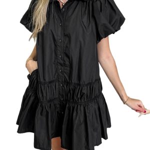 Women's Black Puff Sleeve Ruffle Hem Button Down Shirt Dress - Main View