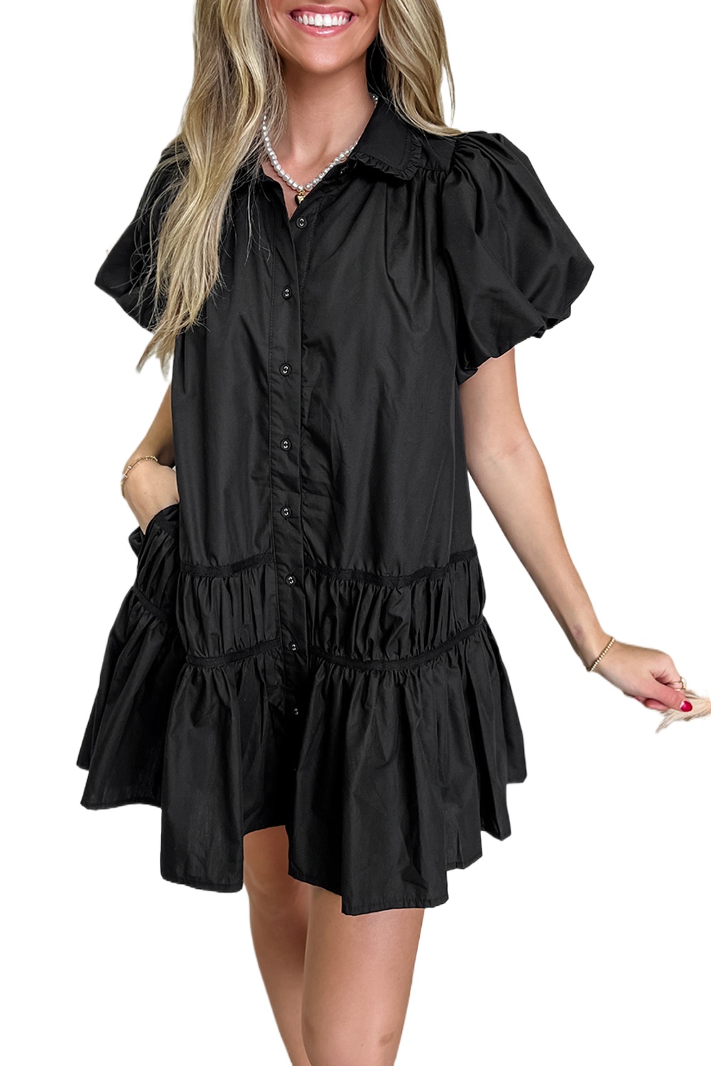 Women's Black Puff Sleeve Ruffle Hem Button Down Shirt Dress - Main View Women's Black Puff Sleeve Ruffle Hem Button Down Shirt Dress - Main View