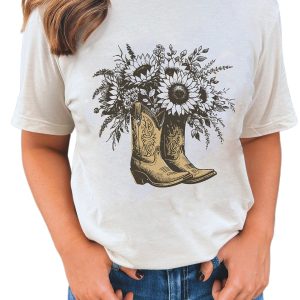 Women's Vintage White Sunflower Cowgirl Boots Graphic Tee - Casual Summer Top - Main View