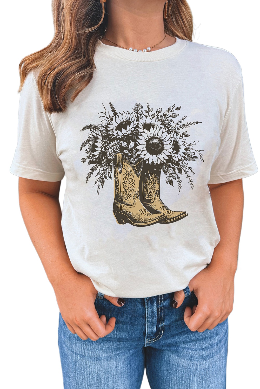 Women's Vintage White Sunflower Cowgirl Boots Graphic Tee - Casual Summer Top - Main View Women's Vintage White Sunflower Cowgirl Boots Graphic Tee - Casual Summer Top - Main View
