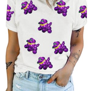 Women's White Sequin Balloon Puppy Graphic Tee for Mardi Gras - Main View