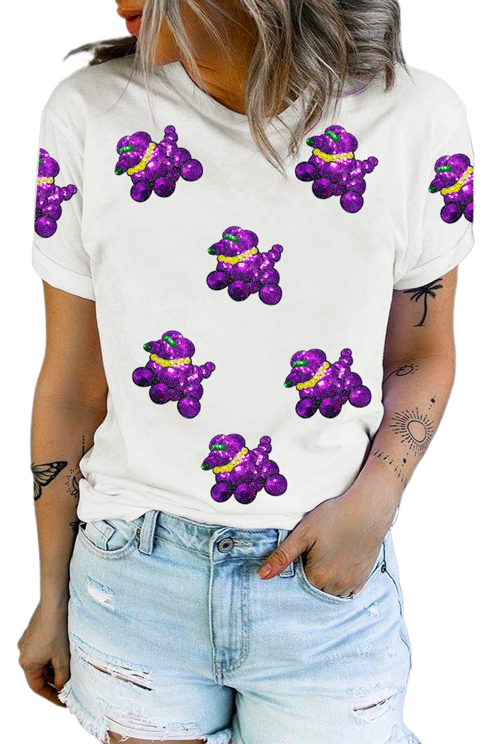 Women's White Sequin Balloon Puppy Graphic Tee for Mardi Gras - Main View Women's White Sequin Balloon Puppy Graphic Tee for Mardi Gras - Main View