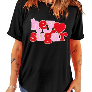 Women's Black Chenille Heart 'Hey Sugar' Patched Crewneck Graphic Tee for Valentine's Day - Main View