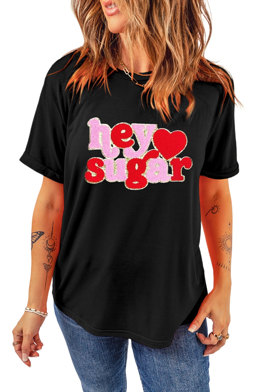 Women's Black Chenille Heart 'Hey Sugar' Patched Crewneck Graphic Tee for Valentine's Day - Main View Women's Black Chenille Heart 'Hey Sugar' Patched Crewneck Graphic Tee for Valentine's Day - Main View