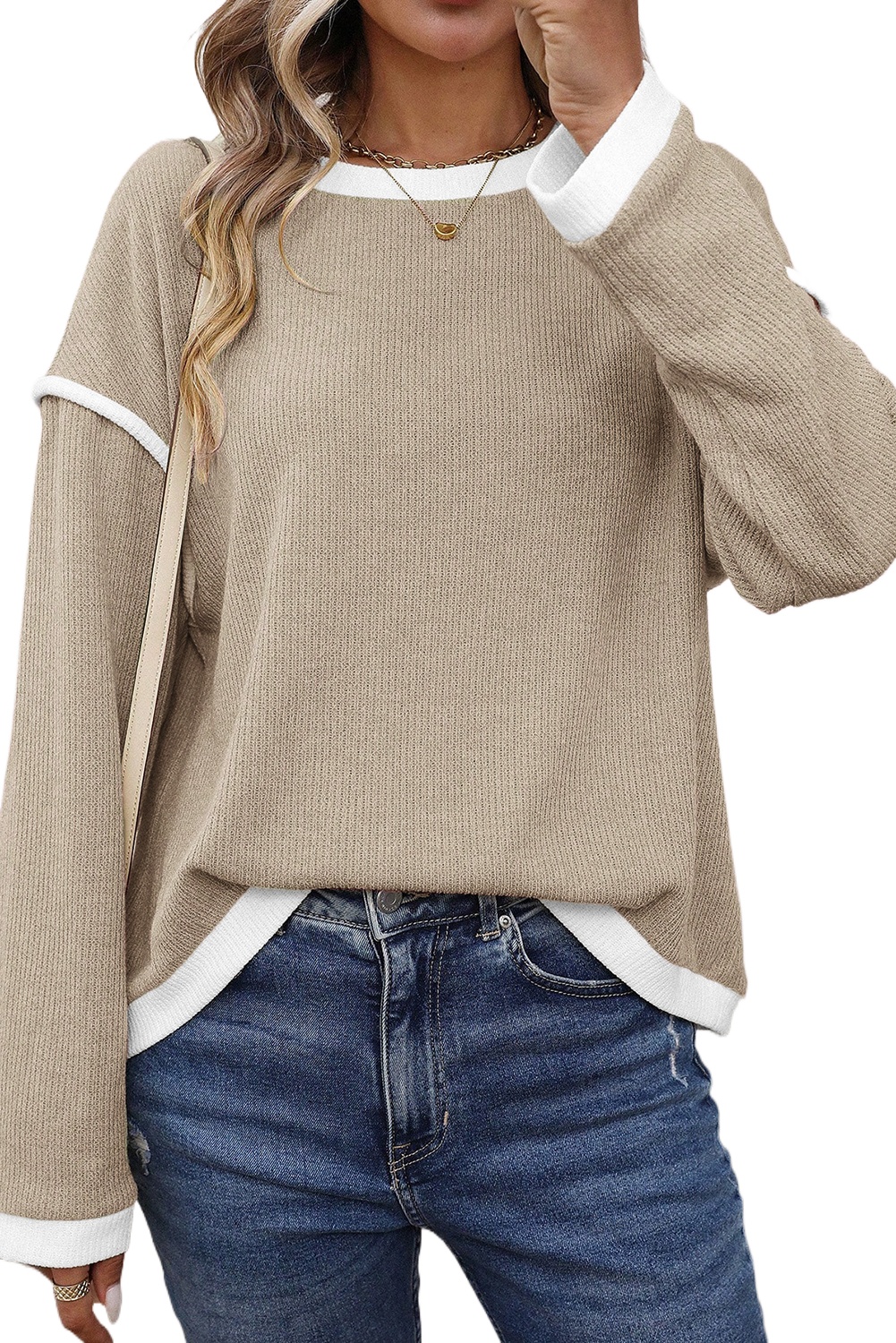 Casual Long Sleeve Round Neck Top with Colorblock Design - Perfect for Fall - Detail View 2 Casual Long Sleeve Round Neck Top with Colorblock Design - Perfect for Fall - Detail View 2