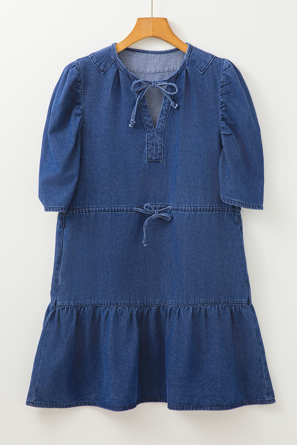 Women's Blue Denim Puff Sleeve Drawstring High Waist Mini Dress - Casual & Stylish - Detail View 9 Women's Blue Denim Puff Sleeve Drawstring High Waist Mini Dress - Casual & Stylish - Detail View 9
