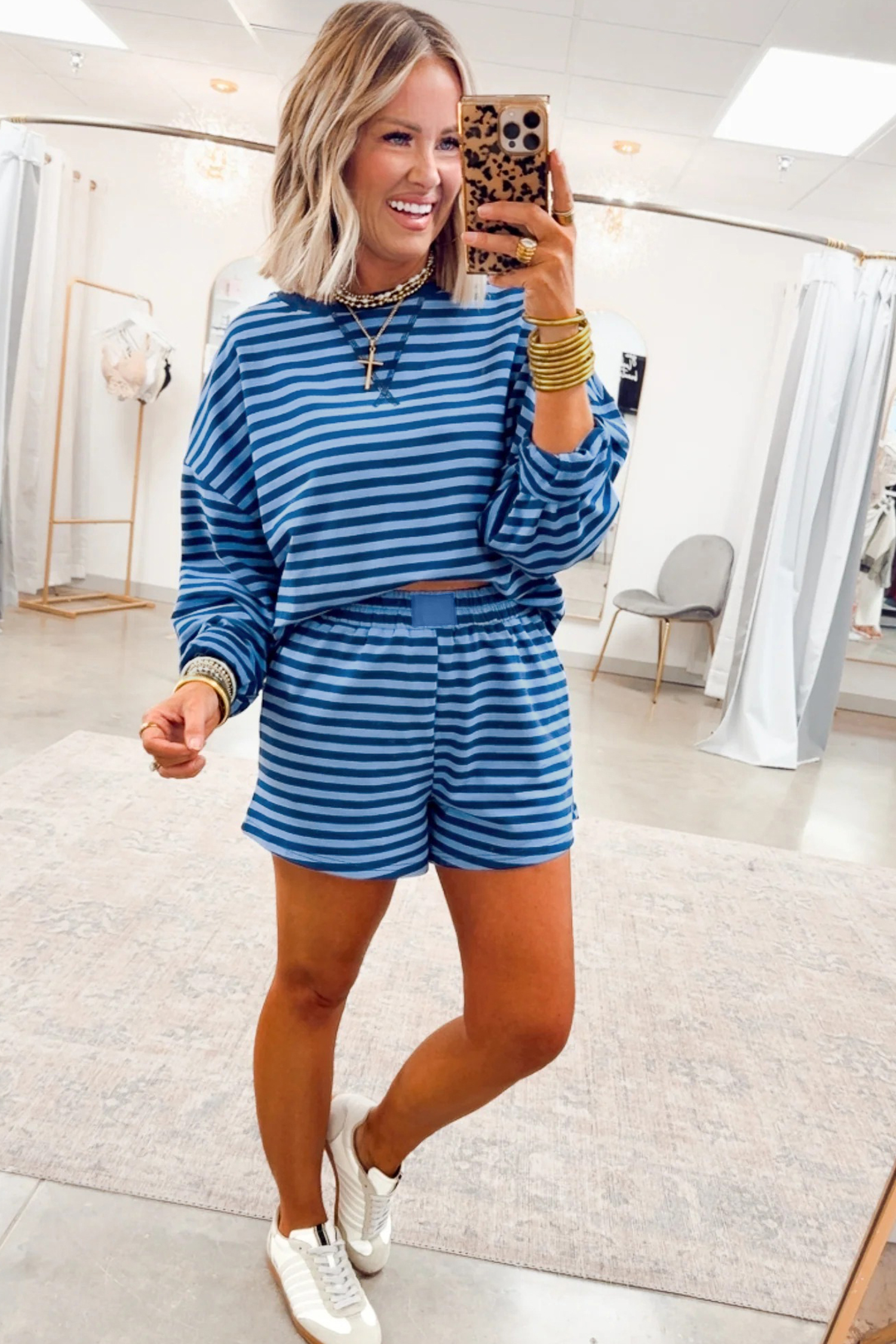 Casual Blue Stripe Long Sleeve Pullover with High Waist Shorts – Ideal for Daily Outings - Detail View 3 Casual Blue Stripe Long Sleeve Pullover with High Waist Shorts – Ideal for Daily Outings - Detail View 3