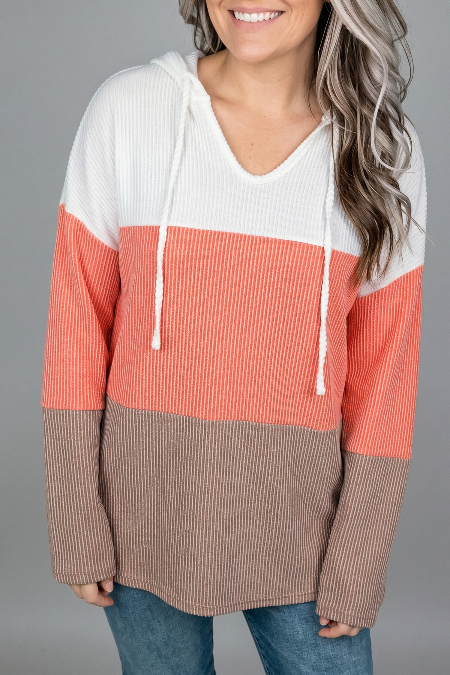 Soft Women's Hooded Pullover, Cozy Ribbed Daily Top - Detail View 3 Soft Women's Hooded Pullover, Cozy Ribbed Daily Top - Detail View 3