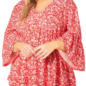 Women's Plus Size Red Floral V Neck Blouse with Flared Bracelet Sleeves - Main View