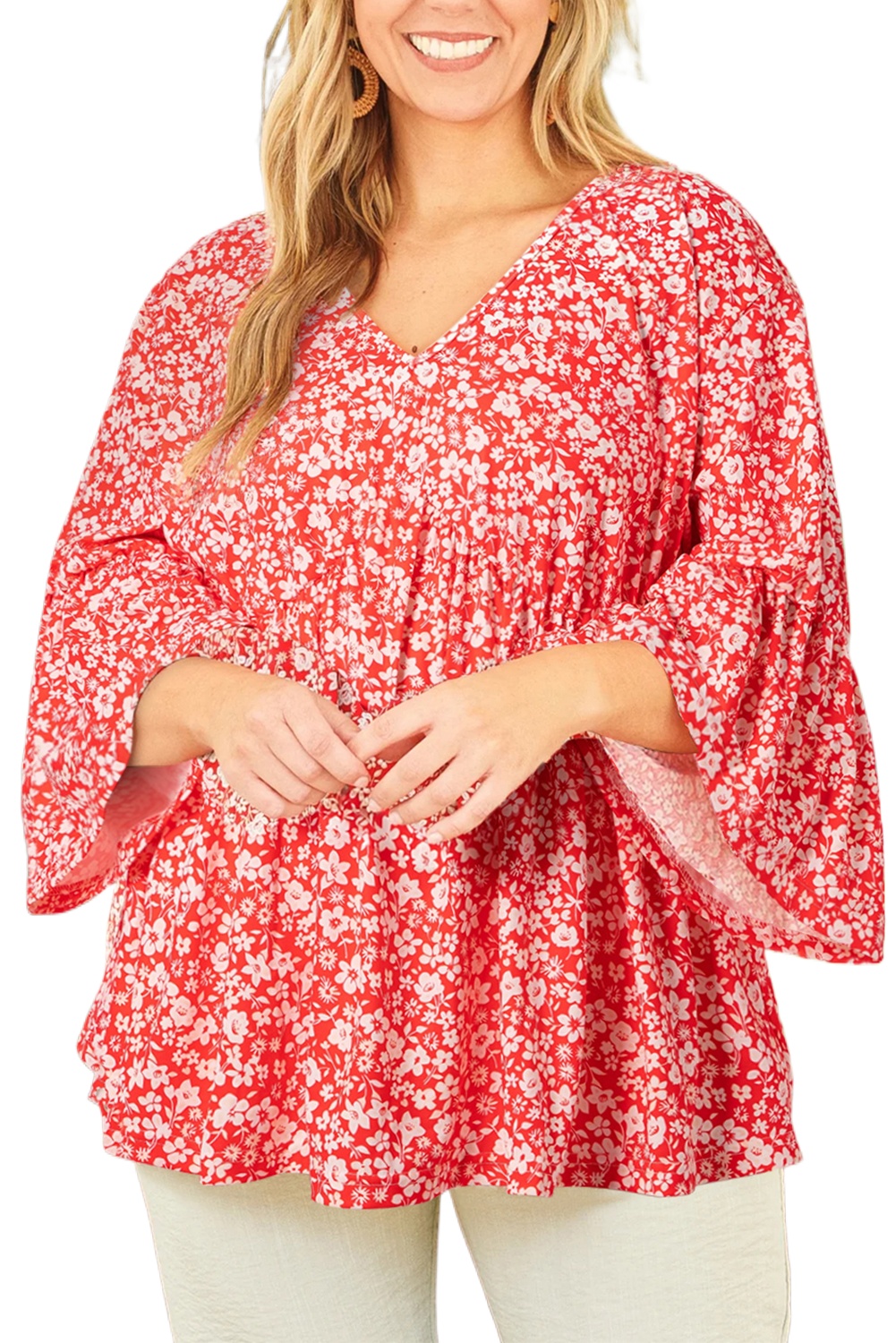 Women's Plus Size Red Floral V Neck Blouse with Flared Bracelet Sleeves - Main View Women's Plus Size Red Floral V Neck Blouse with Flared Bracelet Sleeves - Main View