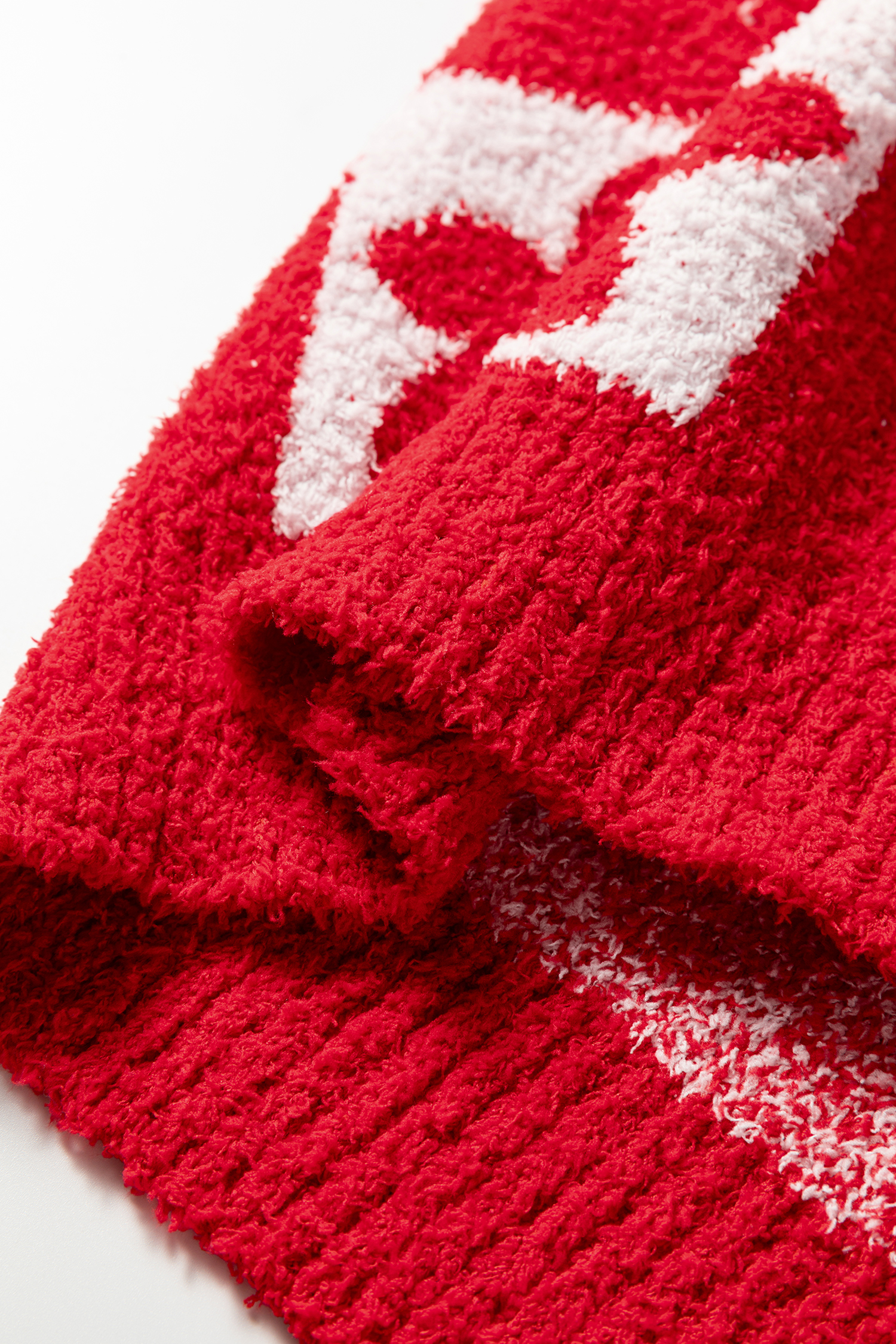 Valentine's Day Loose Plaid Sweater for Women in Fiery Red Floral Knit - Detail View 8 Valentine's Day Loose Plaid Sweater for Women in Fiery Red Floral Knit - Detail View 8