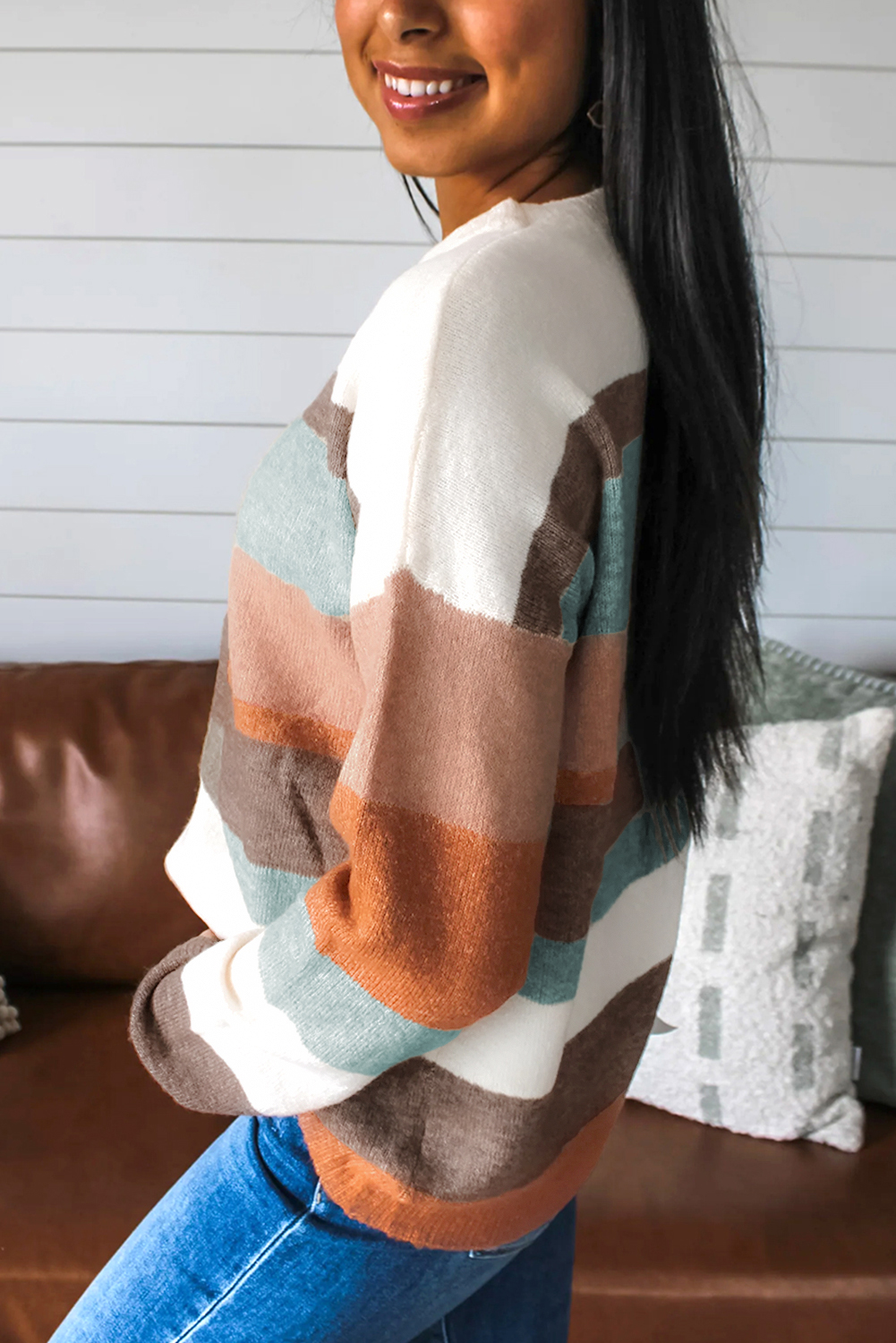 Women's Drop Shoulder Striped Knit Sweater in White for Fall - Detail View 2 Women's Drop Shoulder Striped Knit Sweater in White for Fall - Detail View 2