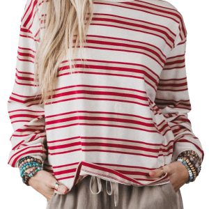 Women's Red Striped Pullover – Casual Long Sleeve Crew Neck - Main View