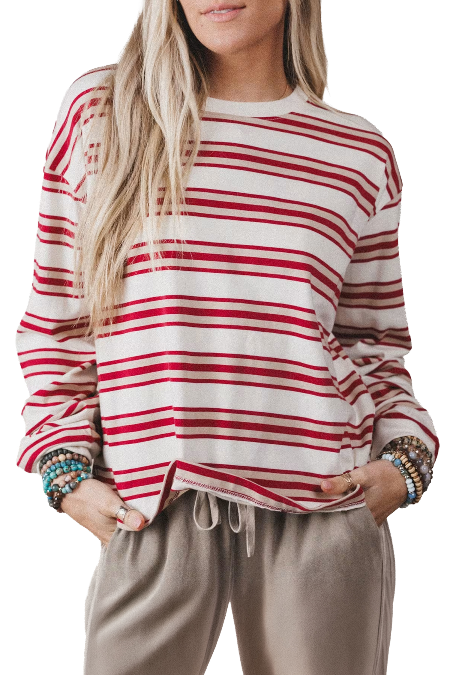 Women's Red Striped Pullover – Casual Long Sleeve Crew Neck - Main View Women's Red Striped Pullover – Casual Long Sleeve Crew Neck - Main View