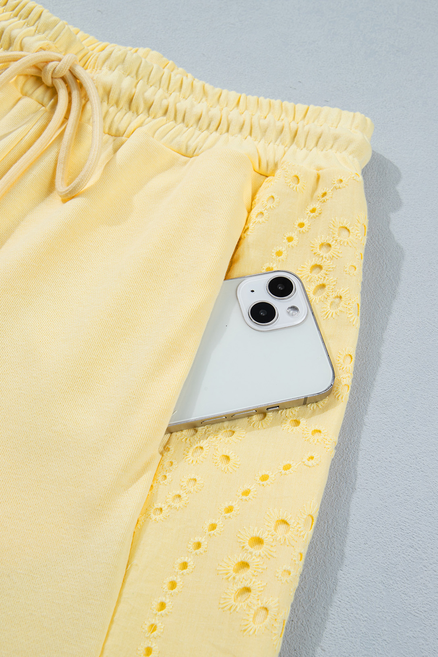 Women's Vanilla Yellow Two Piece Set – Half Sleeve Lace Top and High Waist Wide Leg Pants - Detail View 13 Women's Vanilla Yellow Two Piece Set – Half Sleeve Lace Top and High Waist Wide Leg Pants - Detail View 13